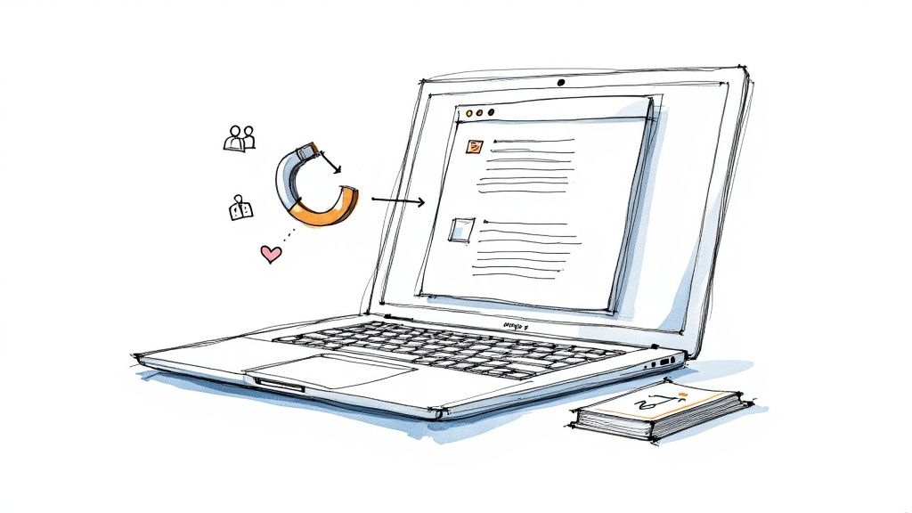 Illustration of a laptop attracting users and engagement to its screen content.