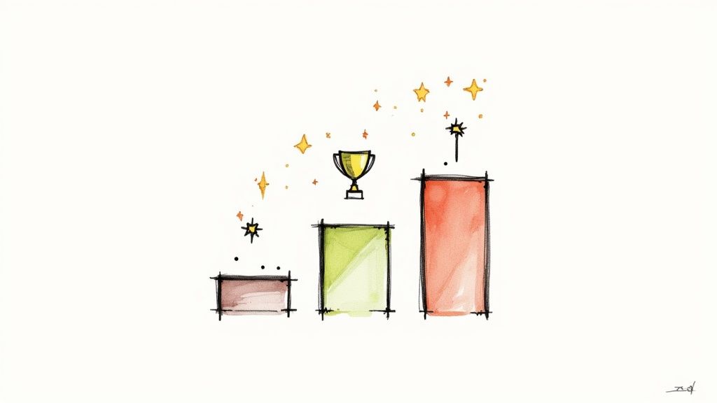 A watercolor illustration of three rising bar charts, with a trophy and sparkling stars representing growth and success.