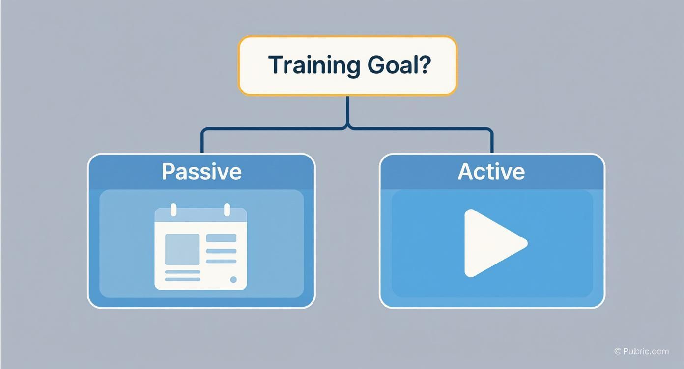 Training goal flowchart showing passive and active learning paths with calendar and play button icons