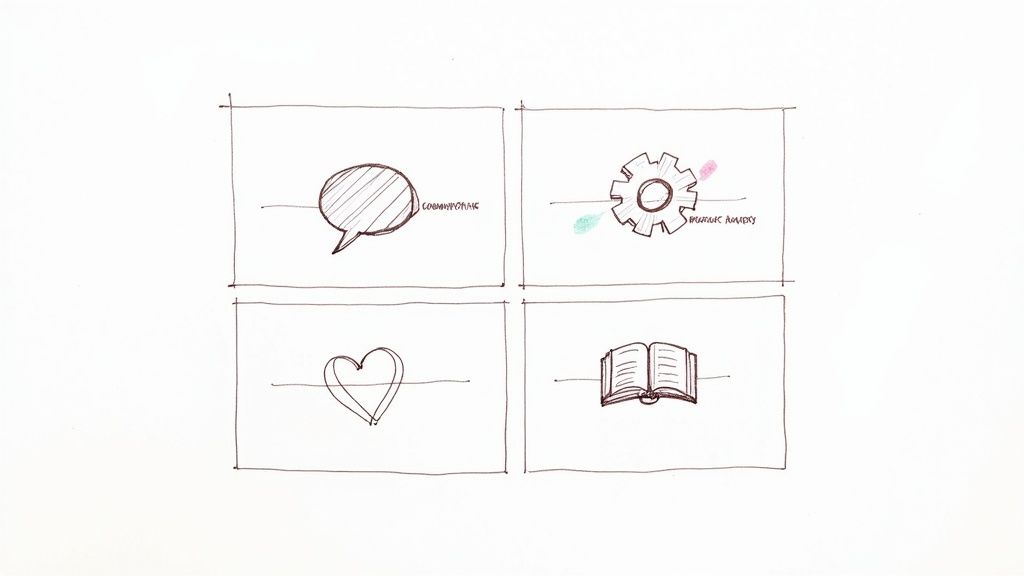 A corporate trainer leading a development session with engaged employees, using a digital whiteboard to outline concepts.