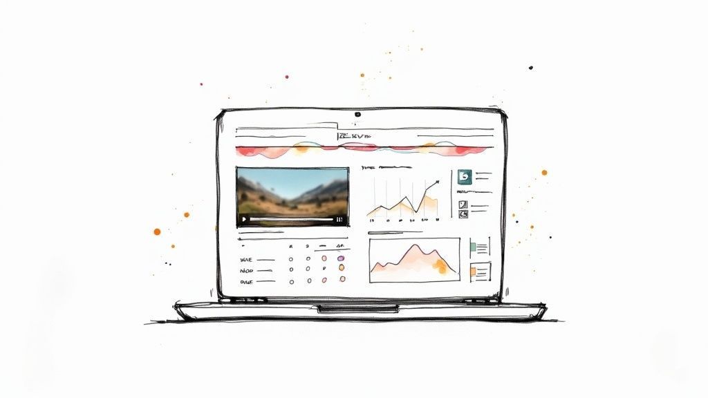 Laptop displaying analytics dashboard with video content, graphs, and data visualization charts for training metrics