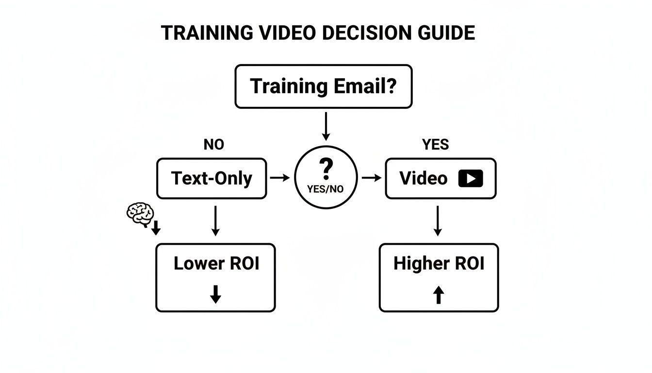 Flowchart comparing text-only vs. video in training emails, showing their impact on ROI.