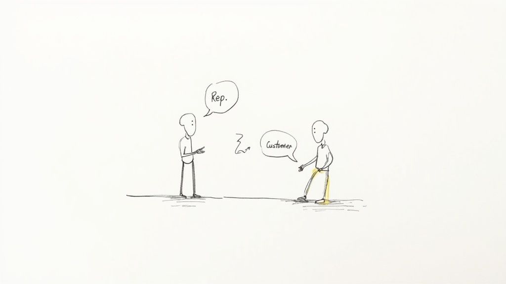 A simple stick-figure drawing depicting a sales representative having a conversation with a customer.