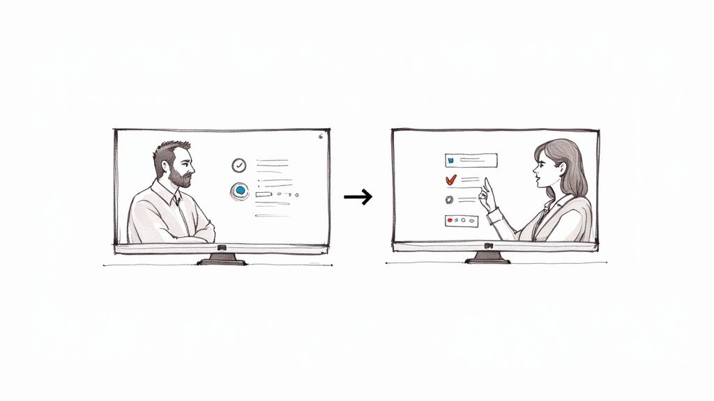 A person in a professional setting pointing at a screen during a training session