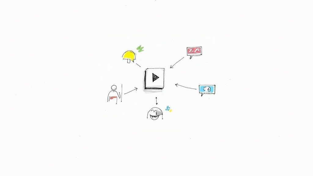 A conceptual diagram showing a video player connected to user, idea, message, and emotion icons.