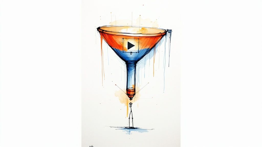 A marketing professional analyzing video performance data on a laptop, surrounded by icons representing leads and engagement.