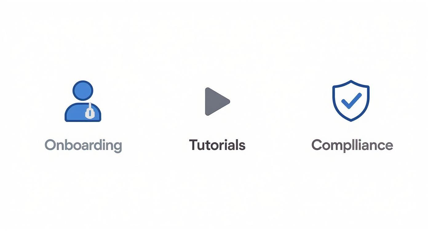 Three icons representing onboarding, tutorials, and compliance on a white background.