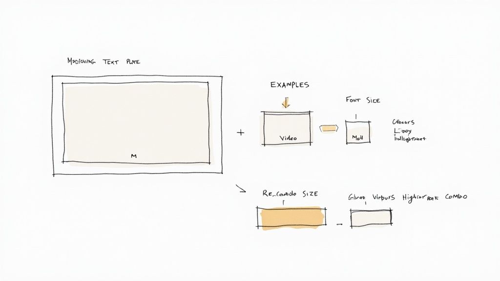 Hand-drawn diagram illustrating text plate positioning, video overlay examples, and font size concepts.
