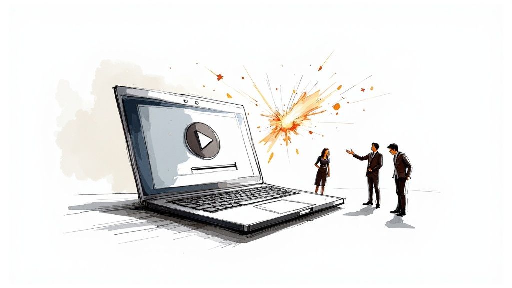 Illustration of business people watching an impactful video explosion on a laptop screen.