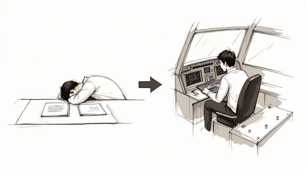 Illustration showing transformation from tired student studying to engaged person working at computer workstation