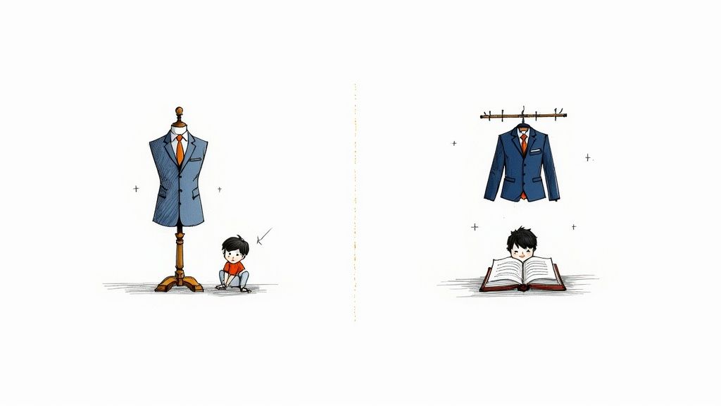 An illustration of a young boy looking at an adult suit and later reading a book.