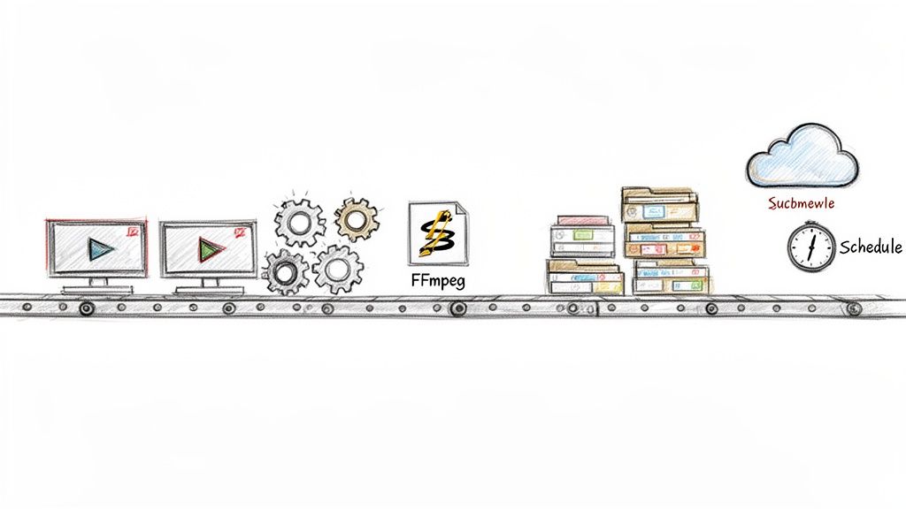 A sketch illustrating a video processing workflow on a conveyor belt with screens, gears, FFmpeg, files, cloud, and a schedule.