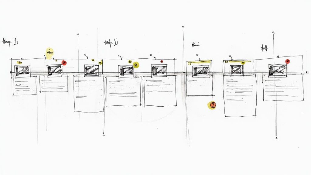 A person storyboarding video concepts on a whiteboard with sticky notes.
