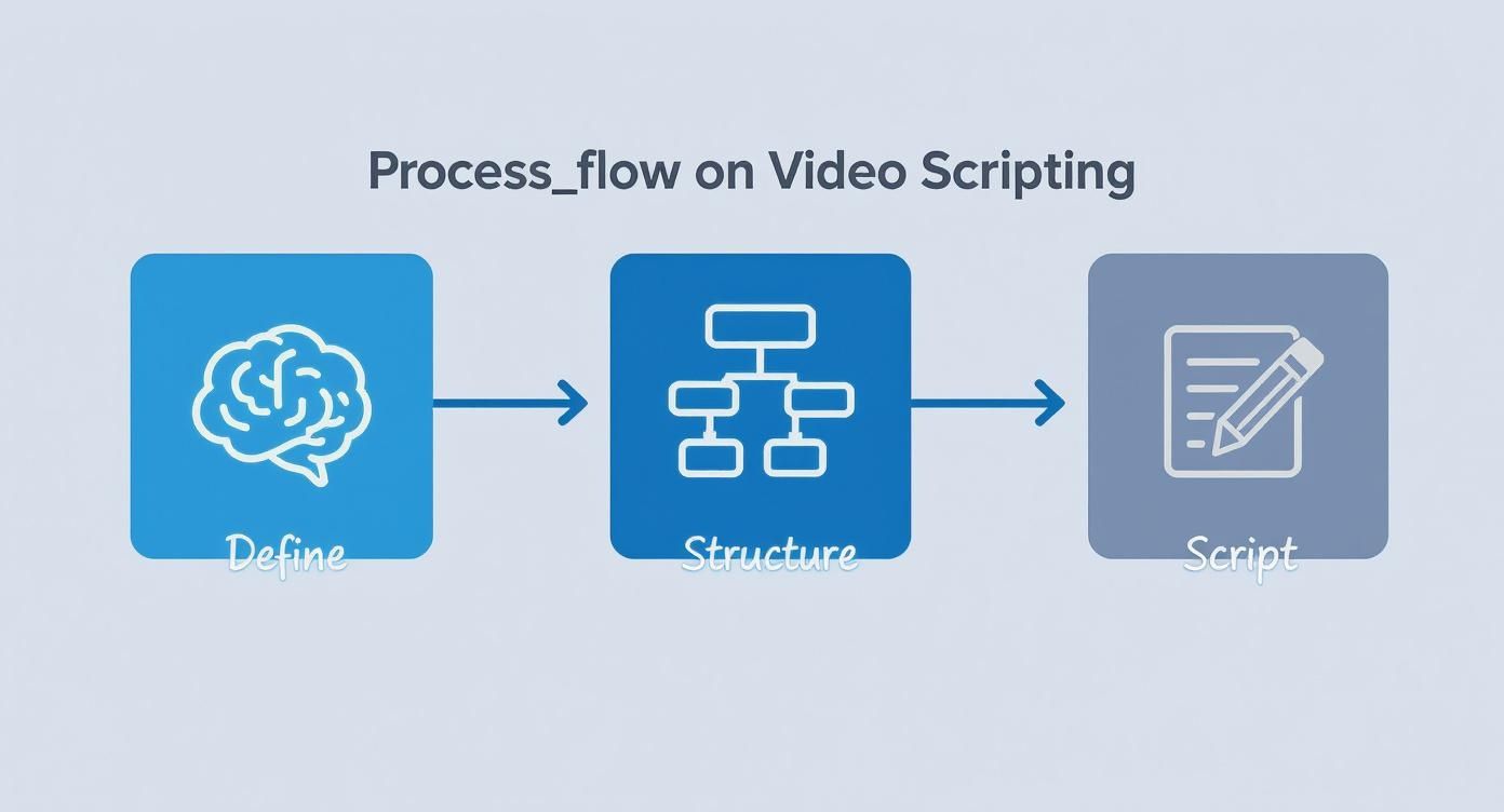 Infographic detailing the process flow for video scripting, showing steps for defining, structuring, and scripting the content.