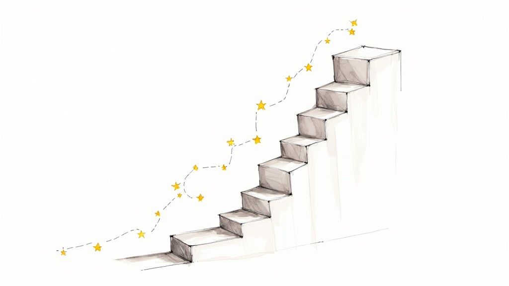 An illustration of Gamification and Loyalty Programs showing a person interacting with reward elements like stars, trophies, and points on a mobile device.