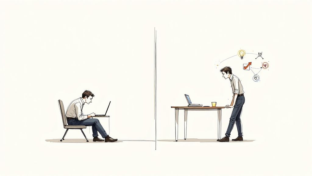 A person actively engaged in online learning on their laptop in a modern office.