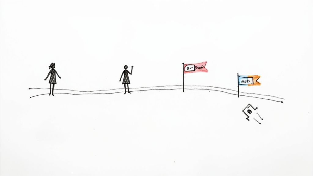 A person at a whiteboard drawing out a strategic plan with sticky notes and diagrams.