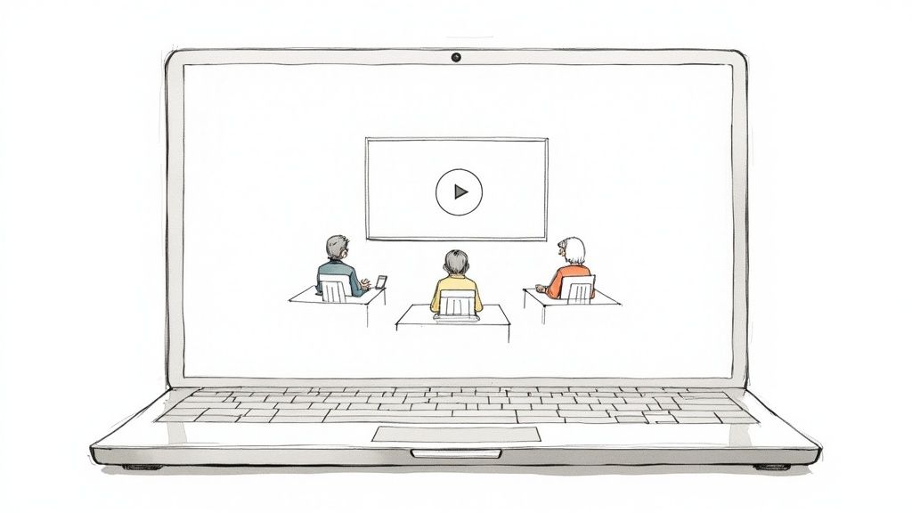 Illustration of three adults attending a virtual class or webinar displayed on a laptop screen.