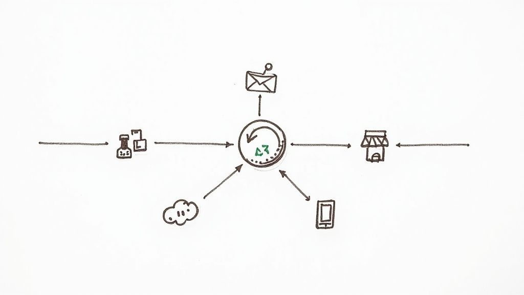 A diagram shows a central circular process connected to data sources, communication, a store, cloud, and mobile.