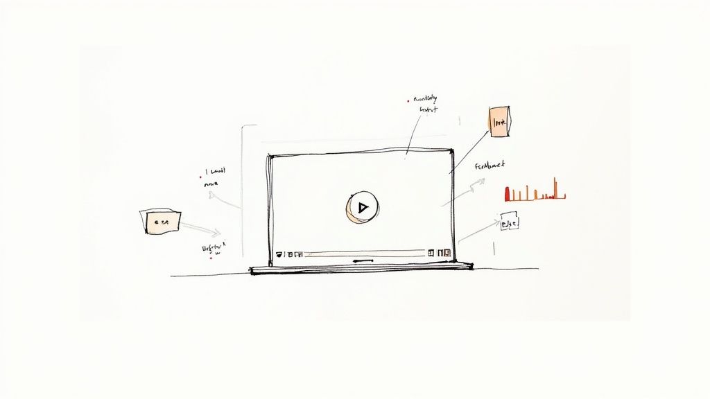 A hand-drawn sketch of a laptop screen displaying a video player with a play button, surrounded by conceptual annotations.