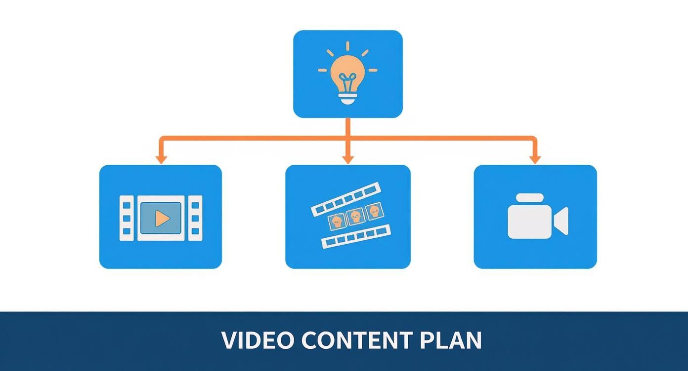 A video content plan flowchart showing an idea leading to video production, editing, and output.