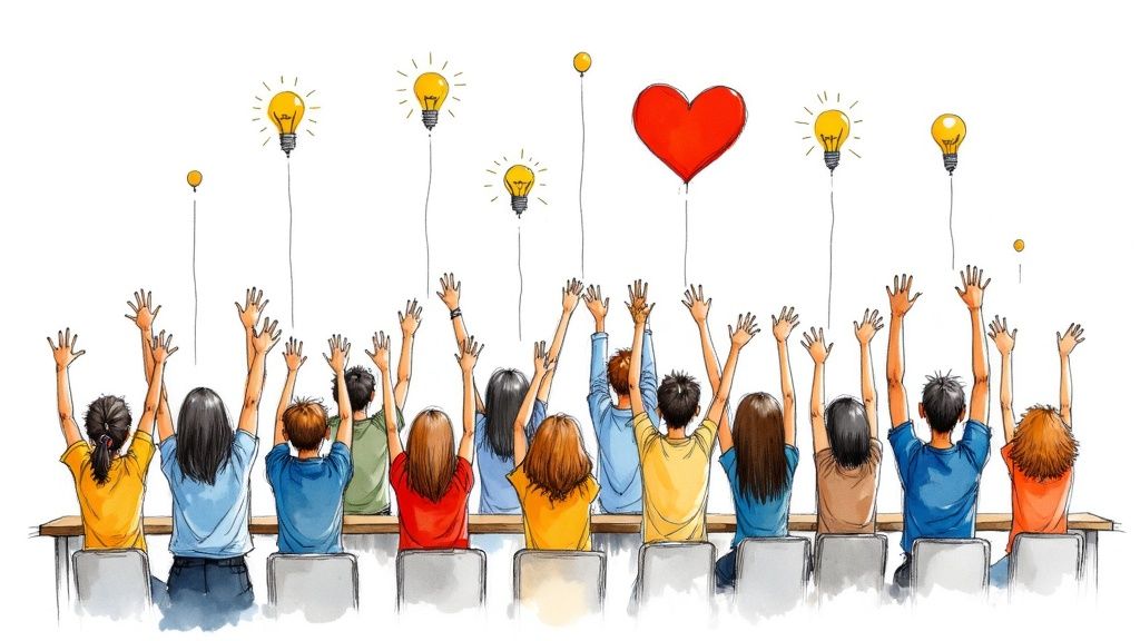 A group of high school students collaborating on a project in a classroom, showing active engagement.