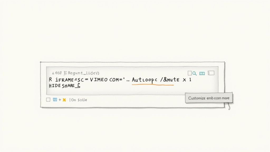 A hand-drawn window displaying embed code for a Vimeo video with autoloop and mute options.