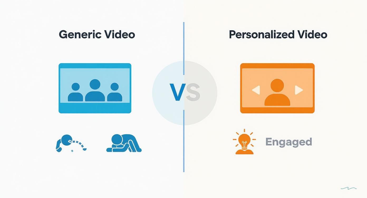Illustration comparing generic video leading to disengagement versus personalized video leading to audience engagement.