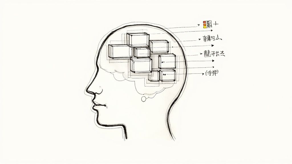 A line drawing of a human head in profile, showing rectangular mental blocks labeled with Chinese characters.