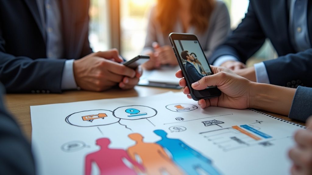 A group of corporate professionals collaborating over a tablet displaying video content.