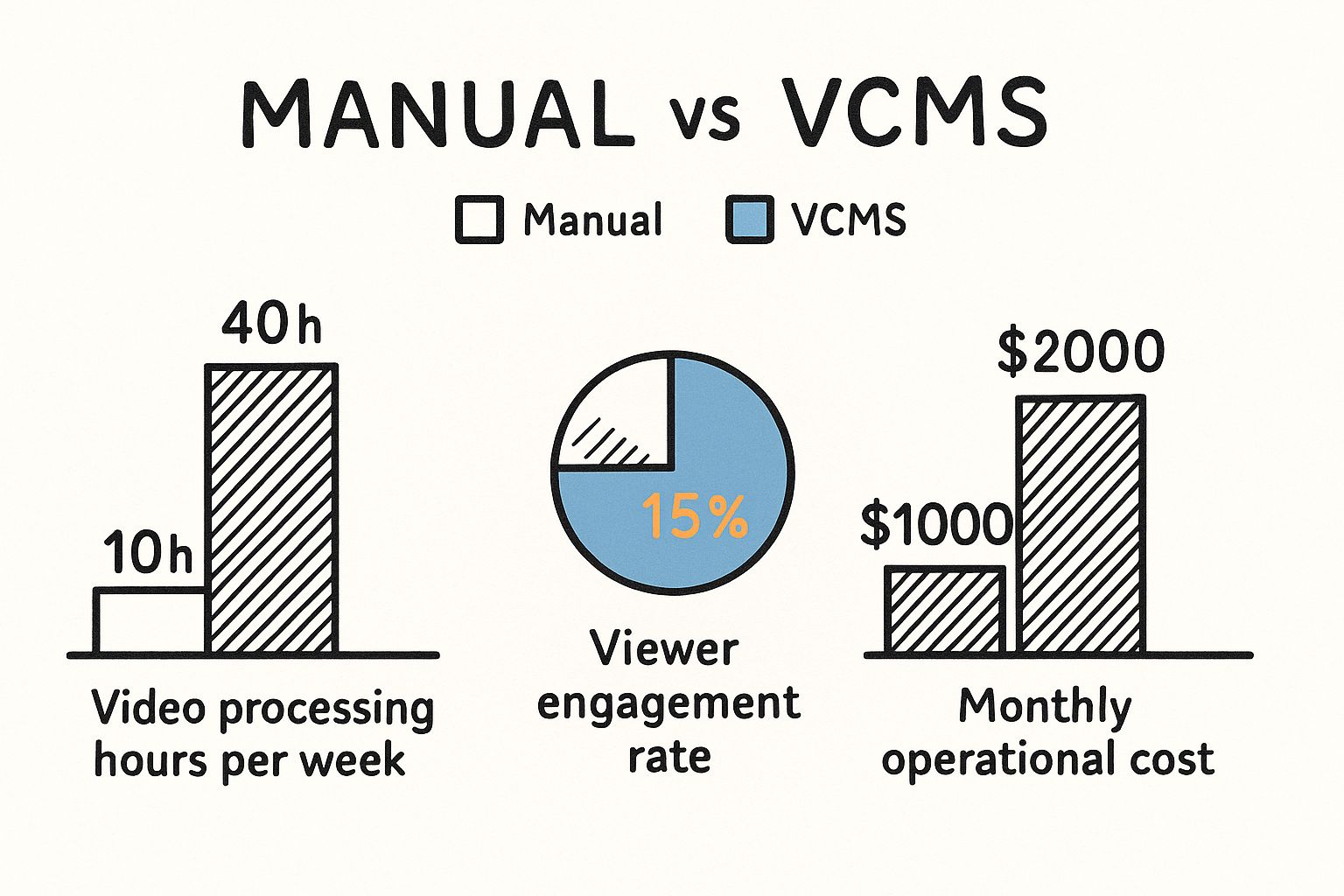 Infographic comparing Manual vs VCMS management, showing VCMS reduces video processing hours, increases viewer engagement, and lowers operational costs.