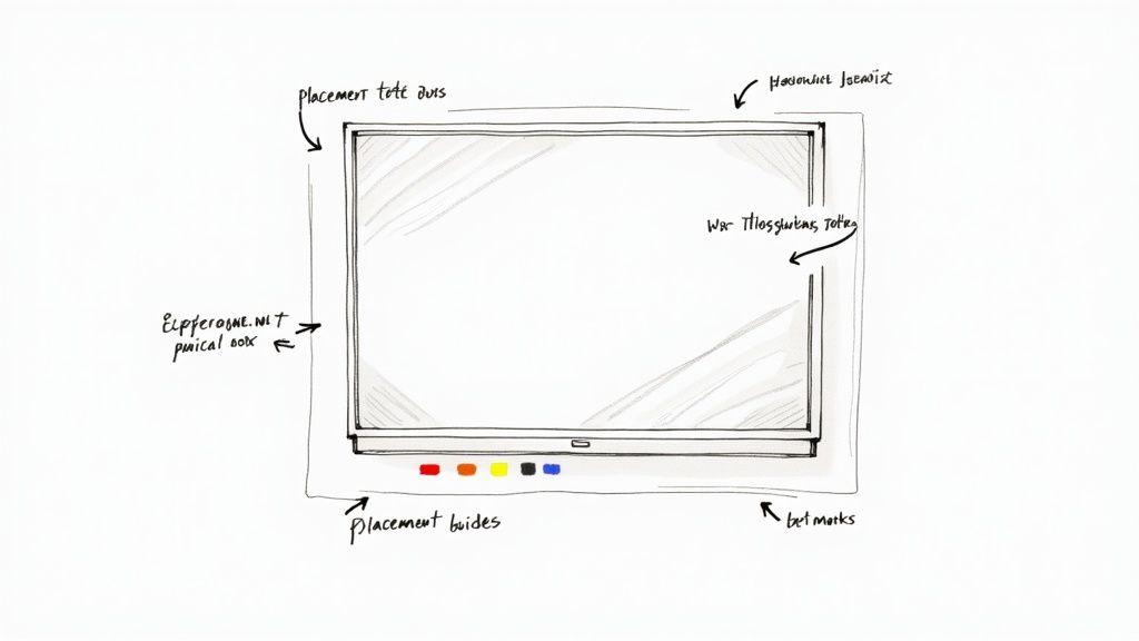 Hand-drawn sketch of interactive whiteboard showing placement guides, dry erase markers, and touch controls