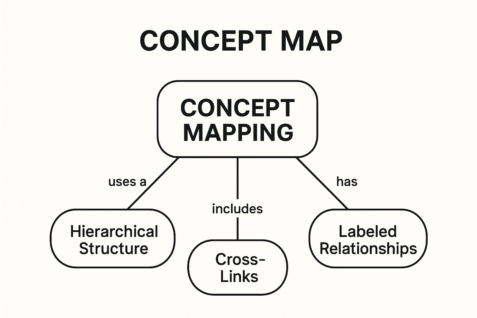 Infographic showing the fundamental components of a concept map, centered on the main idea and branching to its key structural elements.