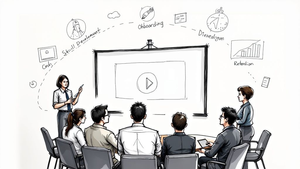 A team collaborating on a video production project in an office setting.