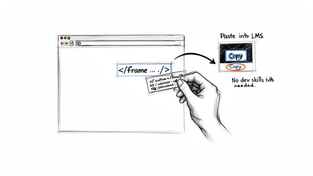 Illustration of a hand copying an iframe embed code for pasting into an LMS, no dev skills needed.