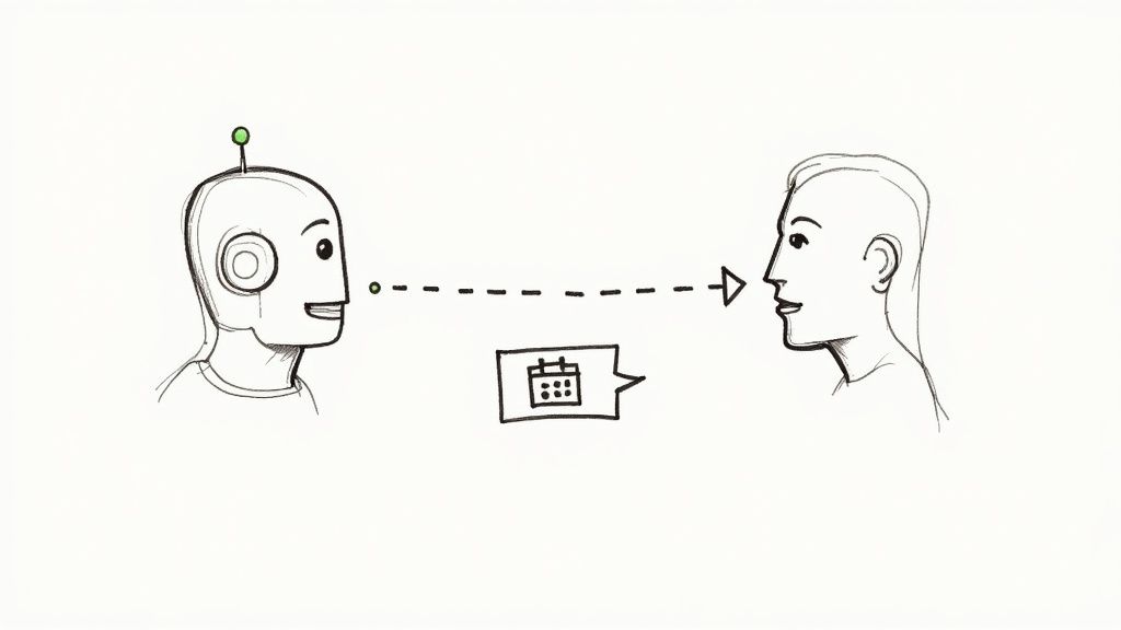 A robot communicates with a human, showing a calendar icon in a speech bubble, symbolizing scheduling.