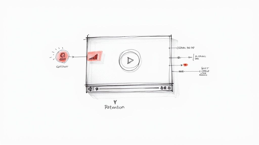 A sketch illustrating a video player with engagement metrics, showing questions and data spikes related to viewer retention.
