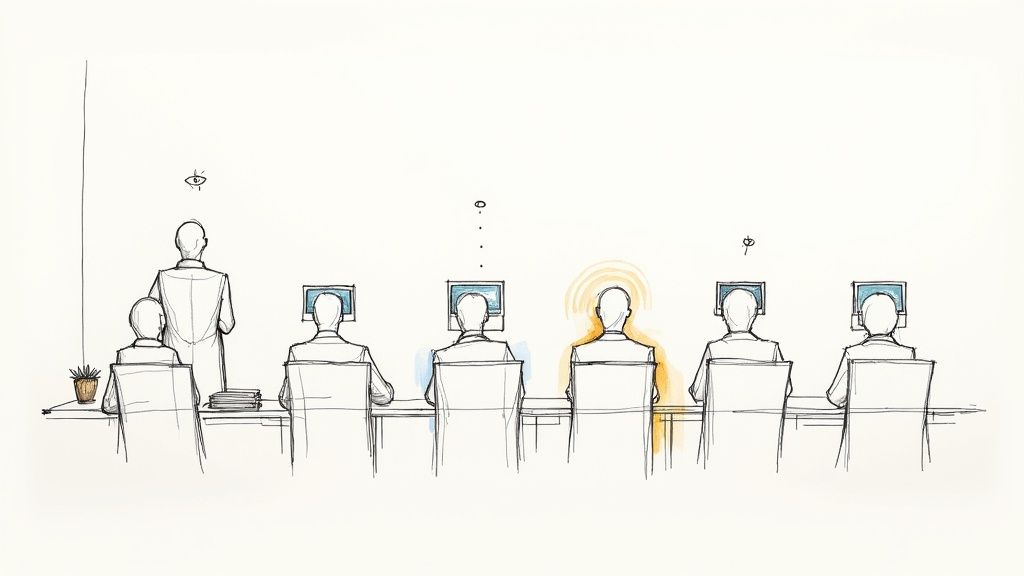 An illustration showing multiple individuals in an office setting, one highlighted with a golden aura, observed by an eye.