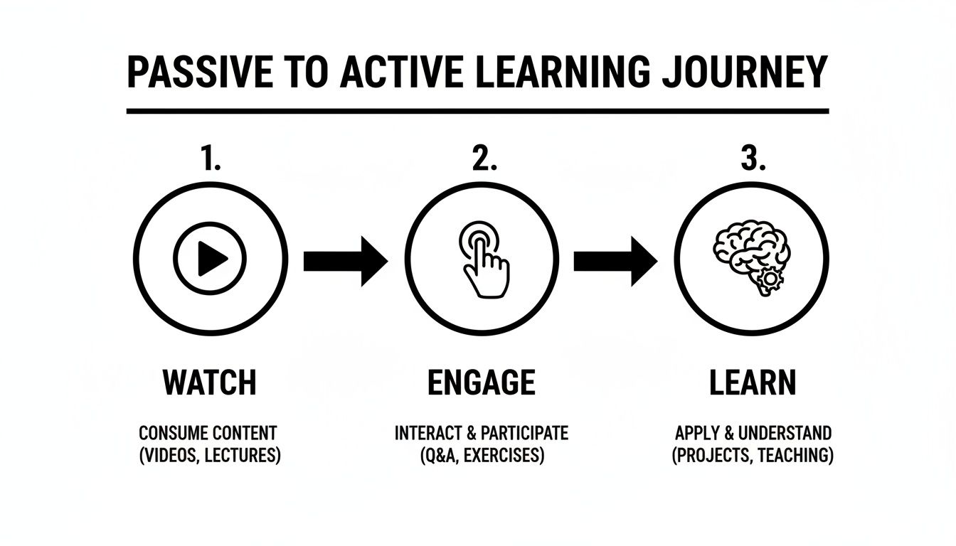 Flowchart illustrating the passive to active learning journey: Watch, Engage, Learn.