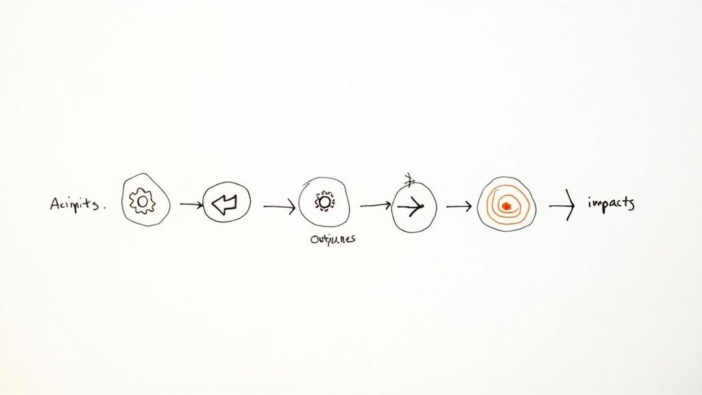 A visual representation of a logic model, showing the flow from Inputs to Activities, Outputs, Outcomes, and Impact.