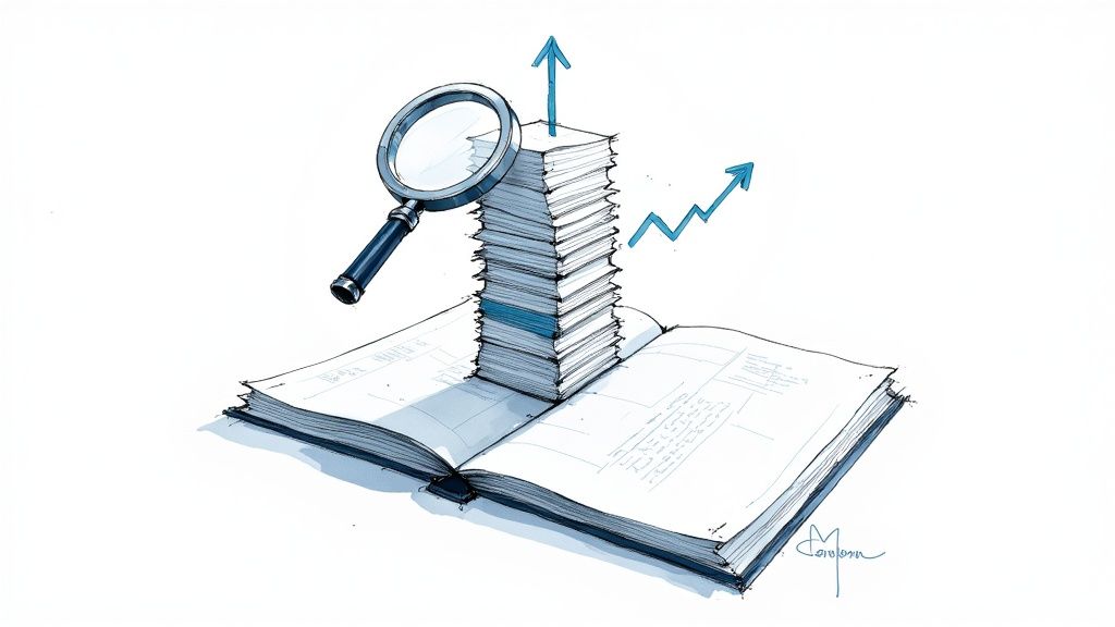 An open book with a tall stack of documents, a magnifying glass, and upward arrows symbolizing research and growth.