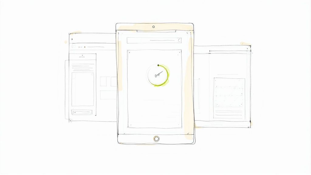 An employee actively engaging with an interactive video on a tablet during a training session.