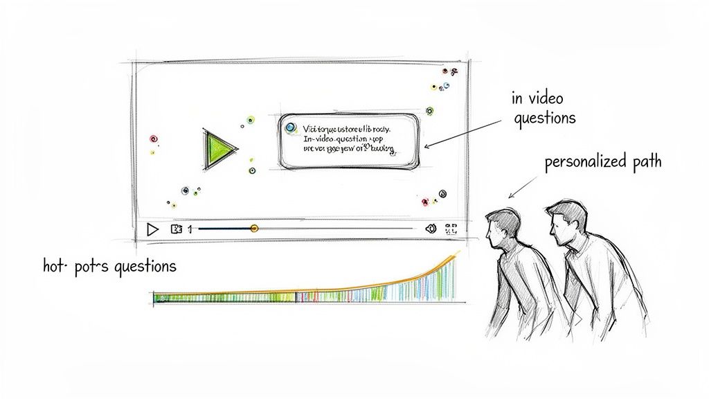 Sketch of an interactive video player with in-video questions, a progress graph, and a personalized learning path.