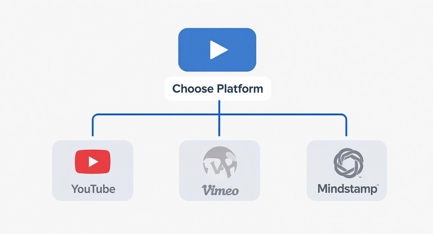 Flowchart showing platform choices for video embedding: YouTube, Vimeo, and Mindstamp.