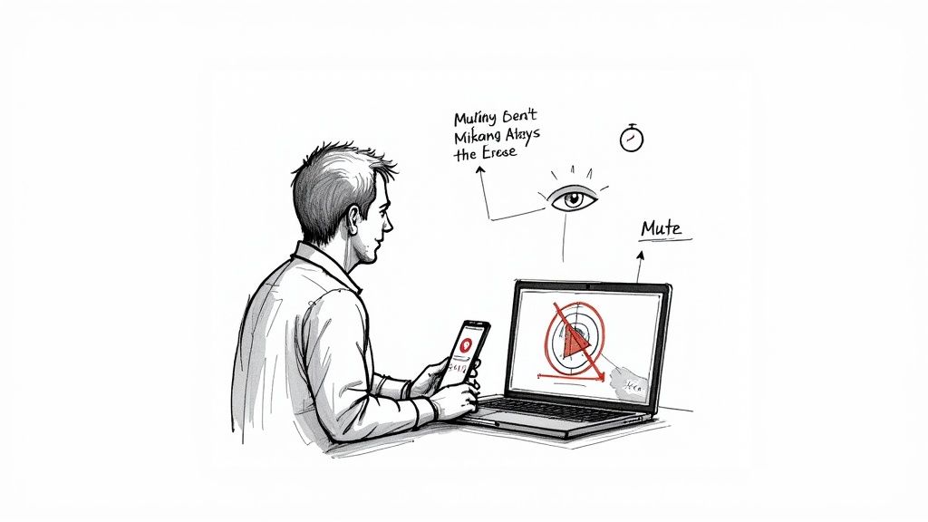 Person using laptop and phone with eye tracking overlay while computer screen is muted