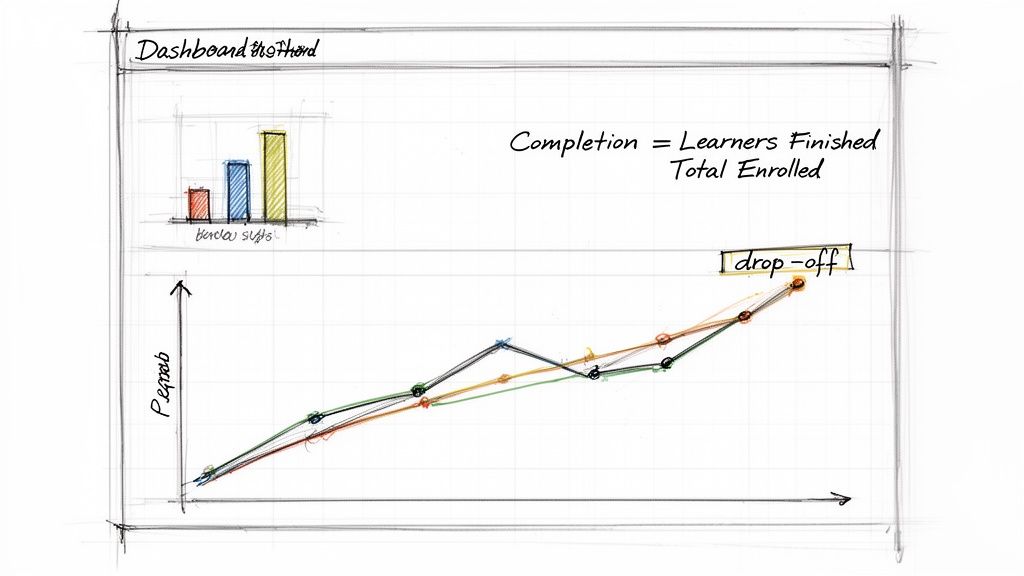 Hand-sketched dashboard illustrating client engagement metrics with a completion formula and trend graphs.