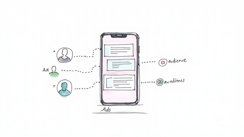 Illustration of a smartphone displaying targeted ads connected to user profiles, audience, and avadimes.