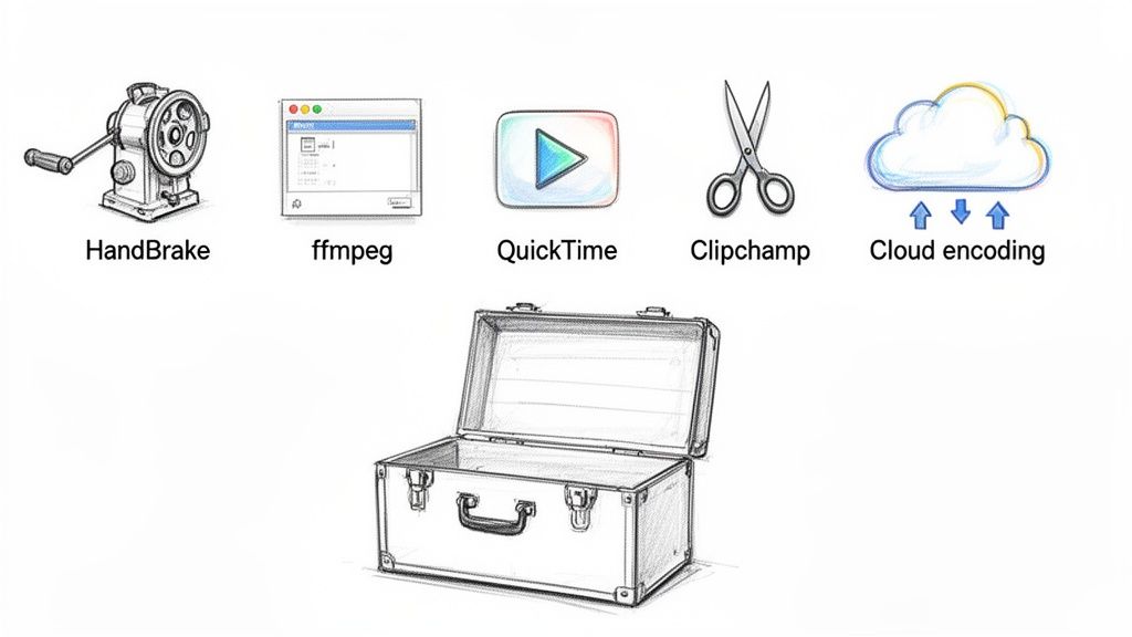 Sketches of video processing tools like HandBrake, ffmpeg, QuickTime, Clipchamp, and cloud encoding, with an open suitcase.