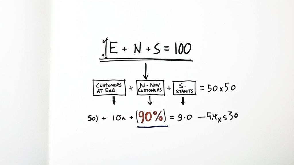 A person using a calculator to figure out customer retention rate