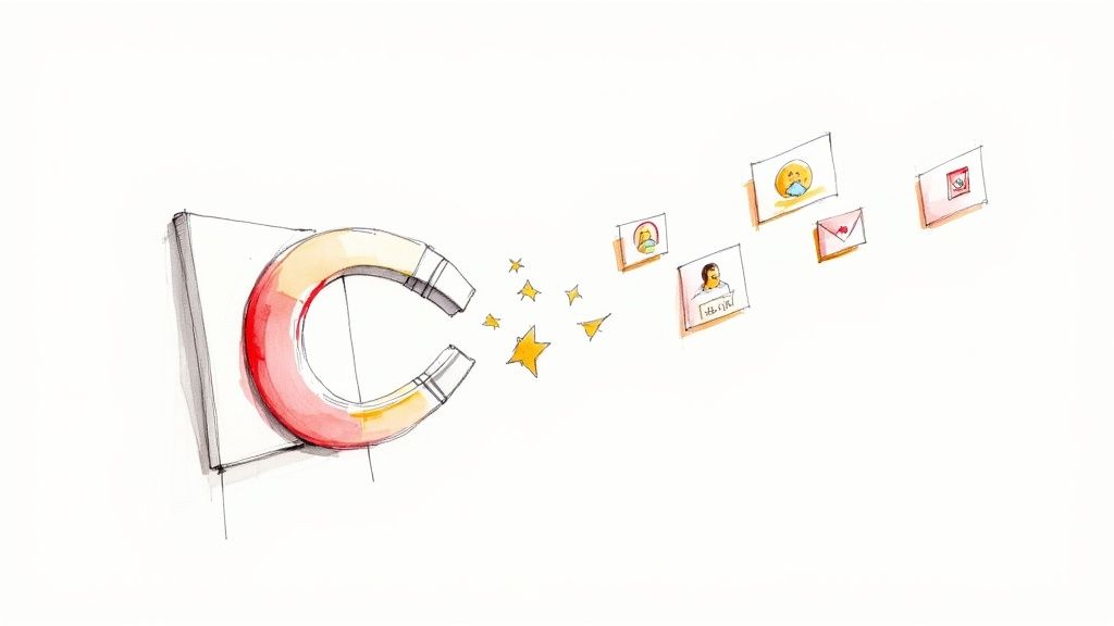 A stylized C-shaped magnet attracting diverse digital icons like profiles, emojis, and envelopes, symbolizing lead generation.